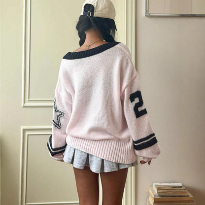 Contrast Color Digital Jacquard Loose-fitting V-neck Long Sleeves Sweater