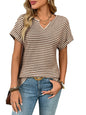 New Women's V-neck Short-sleeve Loose-fit Striped Casual Pullover T-shirt