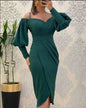 Women's Strapless Halter Neck Lantern-sleeve Waist Cinching Pleated Dress