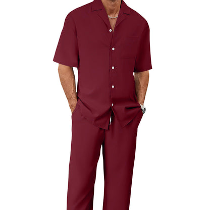 Men's Trousers Suit Fashion Lapel Button Short Sleeve Shirt And Pocket Straight Pants Clothing