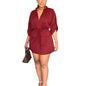 Casual Solid Drawstring Waist V Neck Rollable Sleeve Dress, Women's Clothing