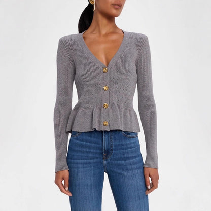 Button Ruffled Bell Sleeve Slim Fit Waist-controlled Slimming Top