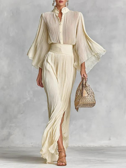 Pleated Wide-sleeve Shirt And Maxi Skirt Two-piece Women's Set