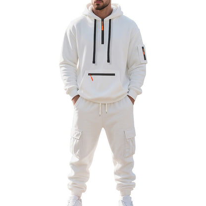 Men's Loose Sports And Leisure Suit Sweater Fleece-lined Hoodie Set Zipper Multi-Pocket Pullover Men's Sports Casual Top Two-piece Set