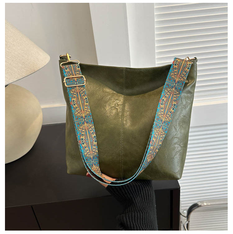 Women's Shoulder Bag With Ethnic Style Wide Shoulder Strap Ins Large Capacity Bucket Crossbody Bags Fashion Handbag