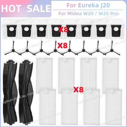 Fit For Eureka J20 / Midea W20 / W20 Pro Robot Vacuum Replacement Parts Main Roller Side Brush Hepa Filter Dust Bag Accessories