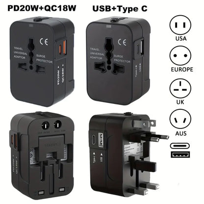 Universal Travel Adapter International All in One PD20W & QC18W Power Plug Wall Charger USB C Charging Ports for USA EU UK AU