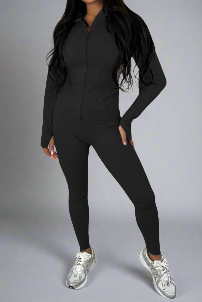 New Sports Zip Front Long Sleeves Top And Leggings Gym Set