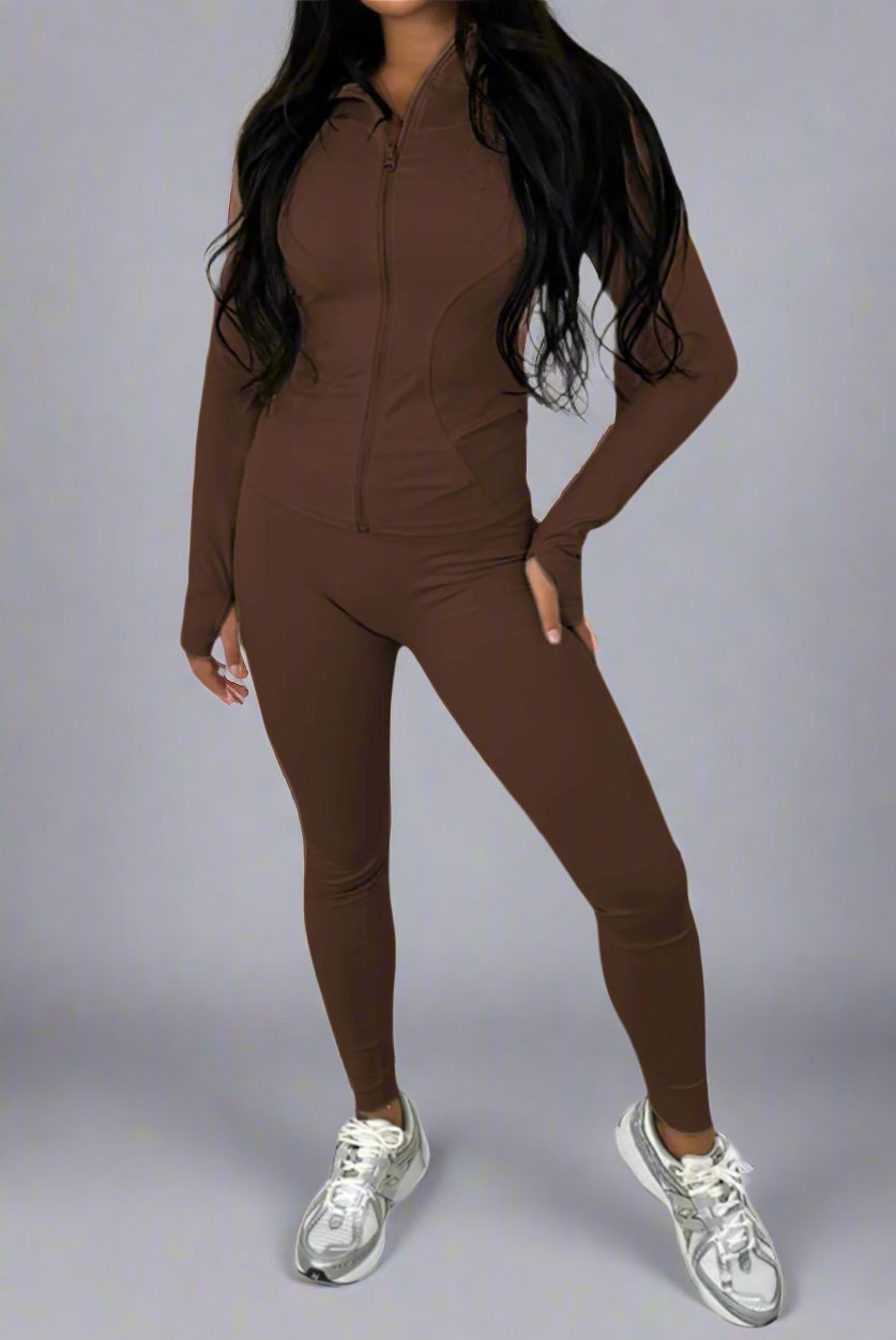 New Sports Zip Front Long Sleeves Top And Leggings Gym Set