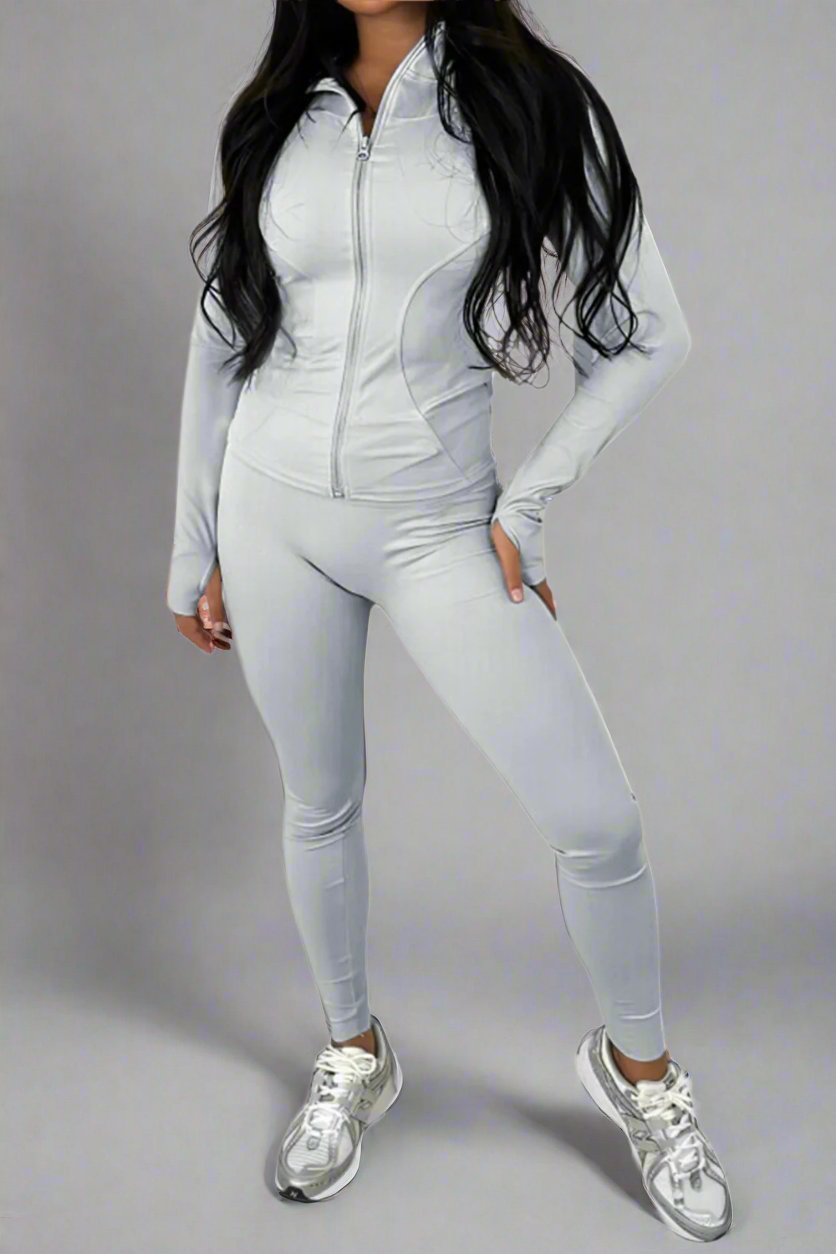 New Sports Zip Front Long Sleeves Top And Leggings Gym Set