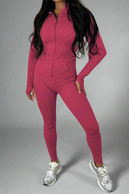 New Sports Zip Front Long Sleeves Top And Leggings Gym Set