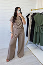 Ladies Gold Clasp Side Ruched Buckle detail Top and Wide Leg Trousers Cheesecloth Lightweight Summer Co-Ord