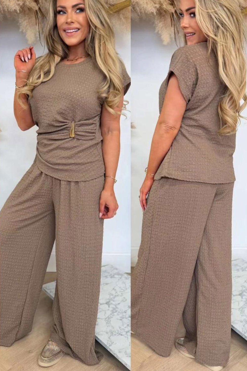 Ladies Gold Clasp Side Ruched Buckle detail Top and Wide Leg Trousers Cheesecloth Lightweight Summer Co-Ord