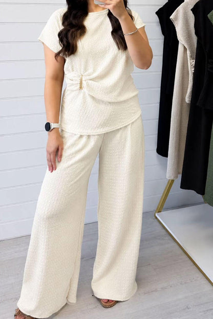 Ladies Gold Clasp Side Ruched Buckle detail Top and Wide Leg Trousers Cheesecloth Lightweight Summer Co-Ord