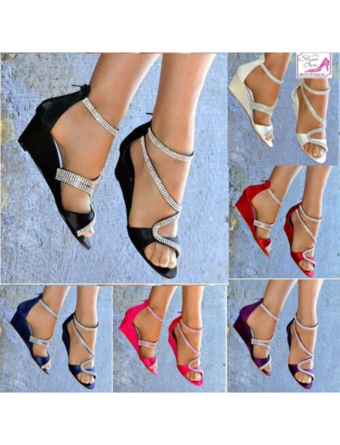 Ladies Satin Diamante Detail Low Mid Wedge Heel Peep Toe Strappy Shoes