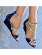 Ladies Satin Diamante Detail Low Mid Wedge Heel Peep Toe Strappy Shoes