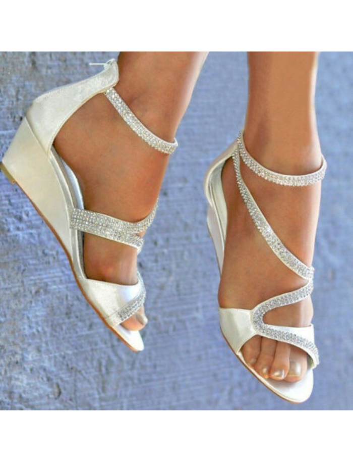 Ladies Satin Diamante Detail Low Mid Wedge Heel Peep Toe Strappy Shoes