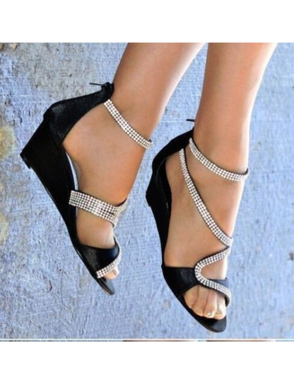 Ladies Satin Diamante Detail Low Mid Wedge Heel Peep Toe Strappy Shoes