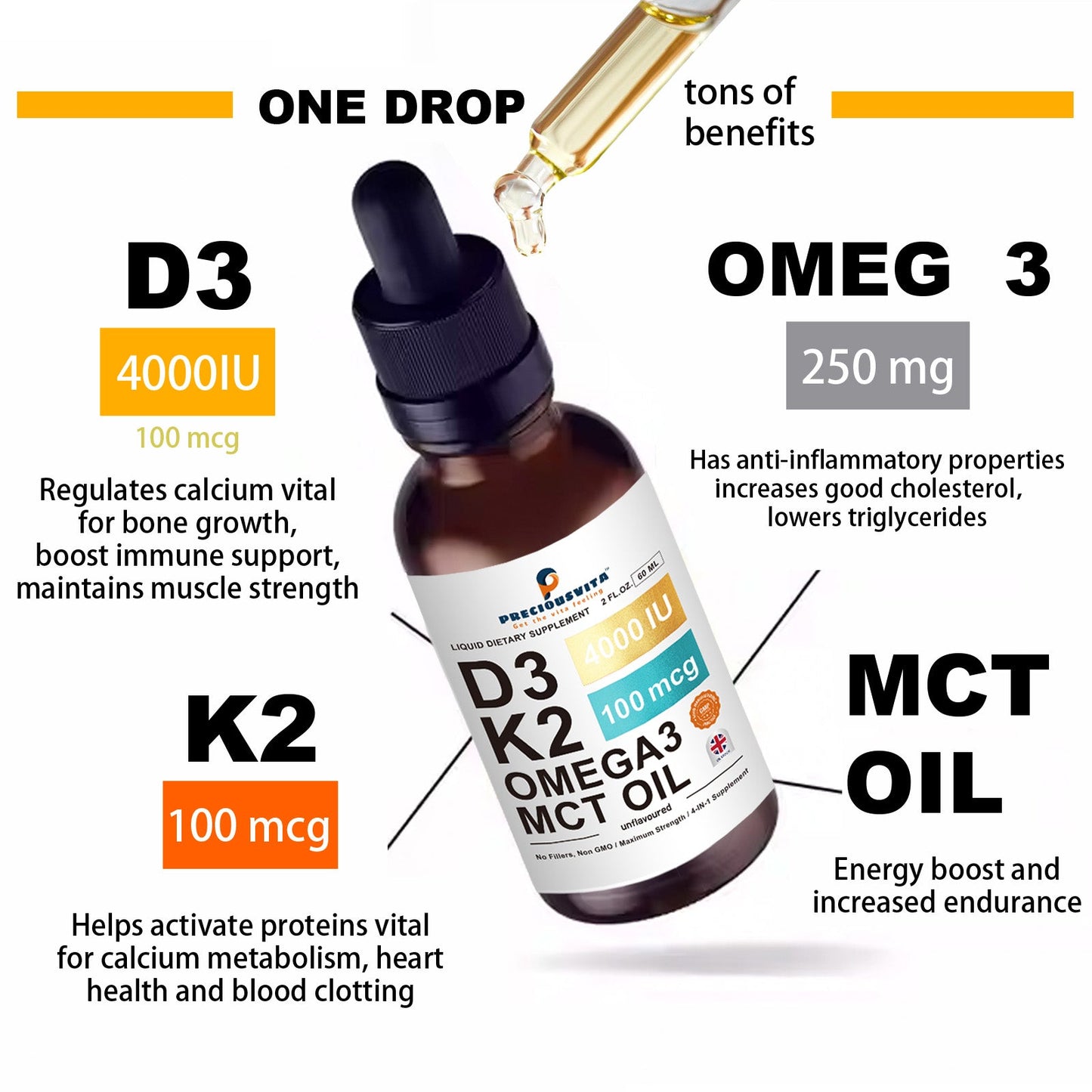 Vitamin D3K2 Liquid Drops,Vitamin D3 4000iu & Vitamin K2 100MCG,Unflavoured,60ml
