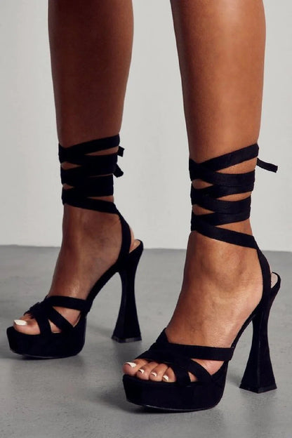 Women's Suede Platform Tie Up Flare Heels in Black and Nude - The Shoe Box Boutique