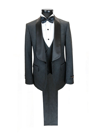 Men’s Slim Fit Wool-Blend Tuxedo with Satin Shawl Lapels – Charcoal