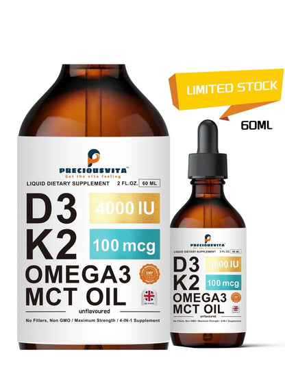 Vitamin D3K2 Liquid Drops,Vitamin D3 4000iu & Vitamin K2 100MCG,Unflavoured,60ml