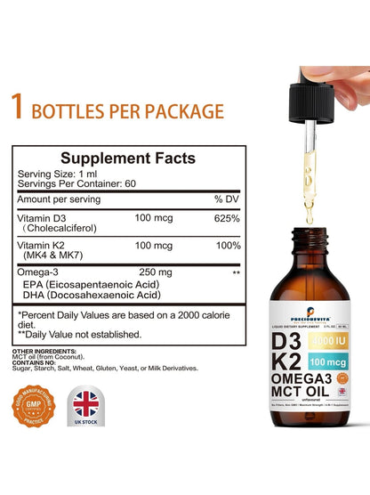 Vitamin D3K2 Liquid Drops,Vitamin D3 4000iu & Vitamin K2 100MCG,Unflavoured,60ml