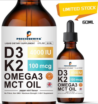 Vitamin D3K2 Liquid Drops,Vitamin D3:4000iu & Vitamin K2:100MCG,Peppermint Flavoured, 60ml