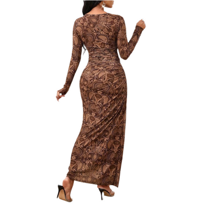Women’s Retro Cashew Print Long Sleeve Dress – Elegant & Graceful Style