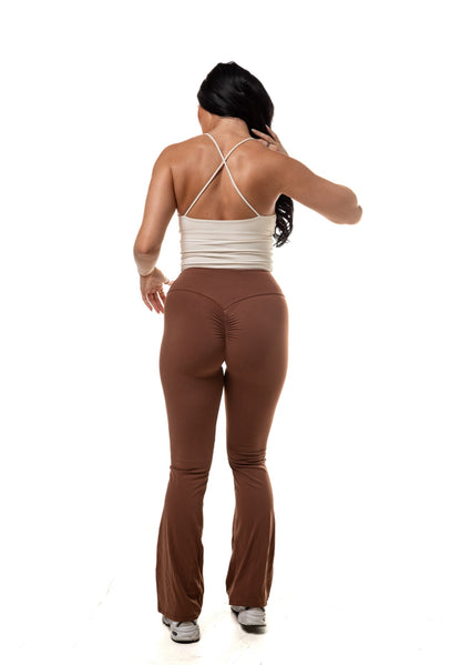 Mix And Match Beige Cross Top & Hot chocolate Scrunch Yoga Pants