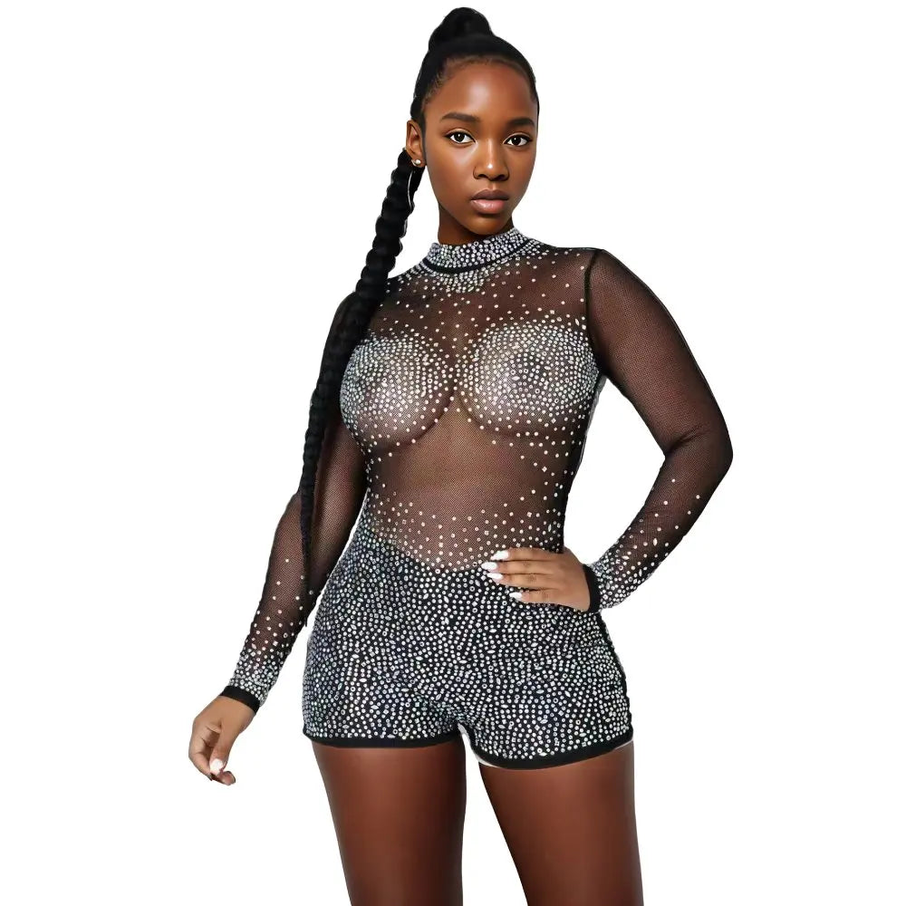 Sexy Sheer Rhinestone Clubwear Hot Drilling Bodysuit for Women