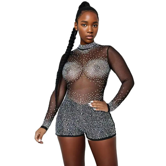 Sexy Sheer Rhinestone Clubwear Hot Drilling Bodysuit for Women