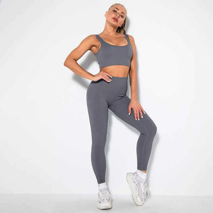Seamless Sexy 2 Piece Active Wear Set - Women's U V Neck Gym Leggings & Top for Yoga & Fitness