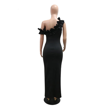 Women’s One-Shoulder Pleated Evening Dress – Sexy Elegant Sleeveless Solid Color Party Gown