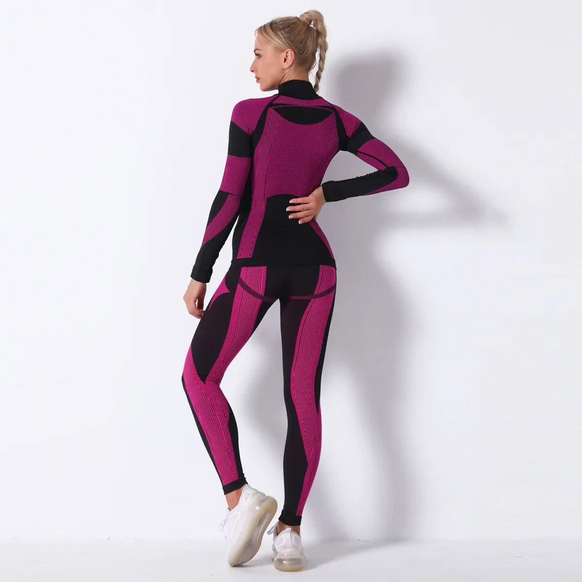Breathable Yoga Workout Long Sleeve Shirt Leggings Set Gym Sports Fitness Striped Pants Suit For Women
