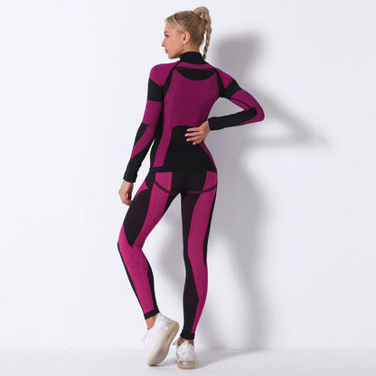 Breathable Yoga Workout Long Sleeve Shirt Leggings Set Gym Sports Fitness Striped Pants Suit For Women