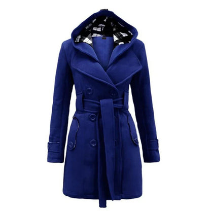 Fashionable Women's Woolen Warm Fleece Double Breast Jacket With Belts