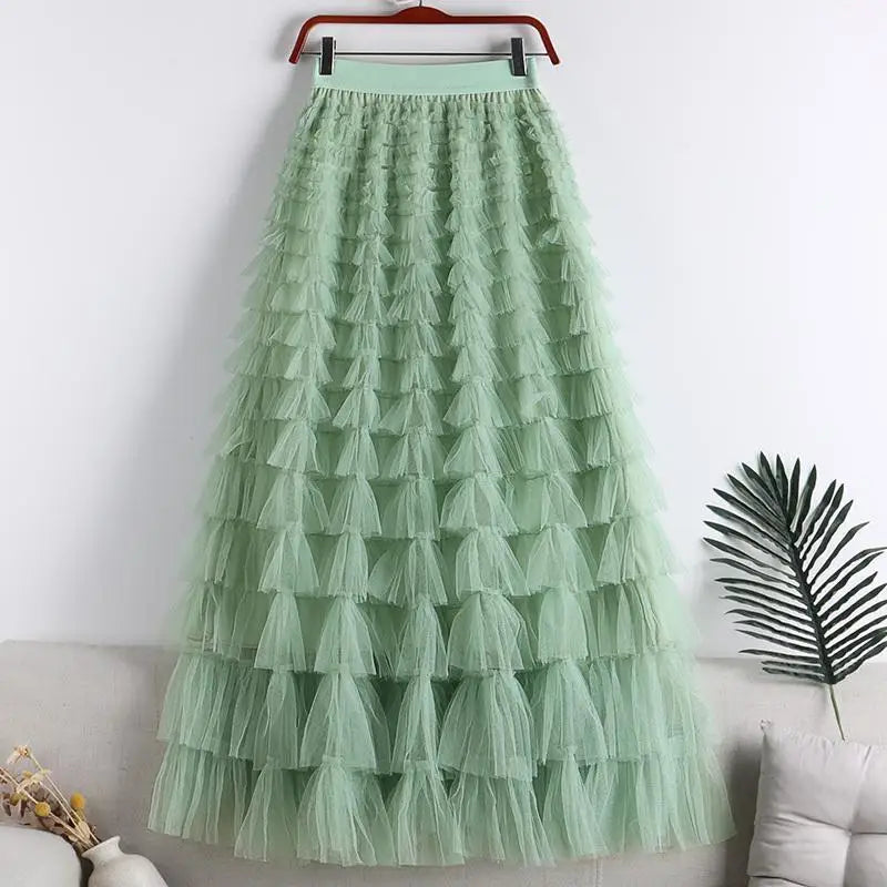 High-Waisted Mesh Layered Skirt for Women – Spring & Fall Elegant Cake Skirt