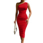 Women's Sexy Bodycon One Shoulder Sleeveless Ruched Midi Club Elegant Party Dresses