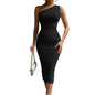 Women's Sexy Bodycon One Shoulder Sleeveless Ruched Midi Club Elegant Party Dresses