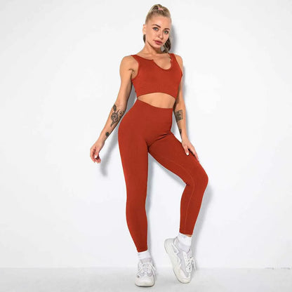 Seamless Sexy 2 Piece Active Wear Set - Women's U V Neck Gym Leggings & Top for Yoga & Fitness