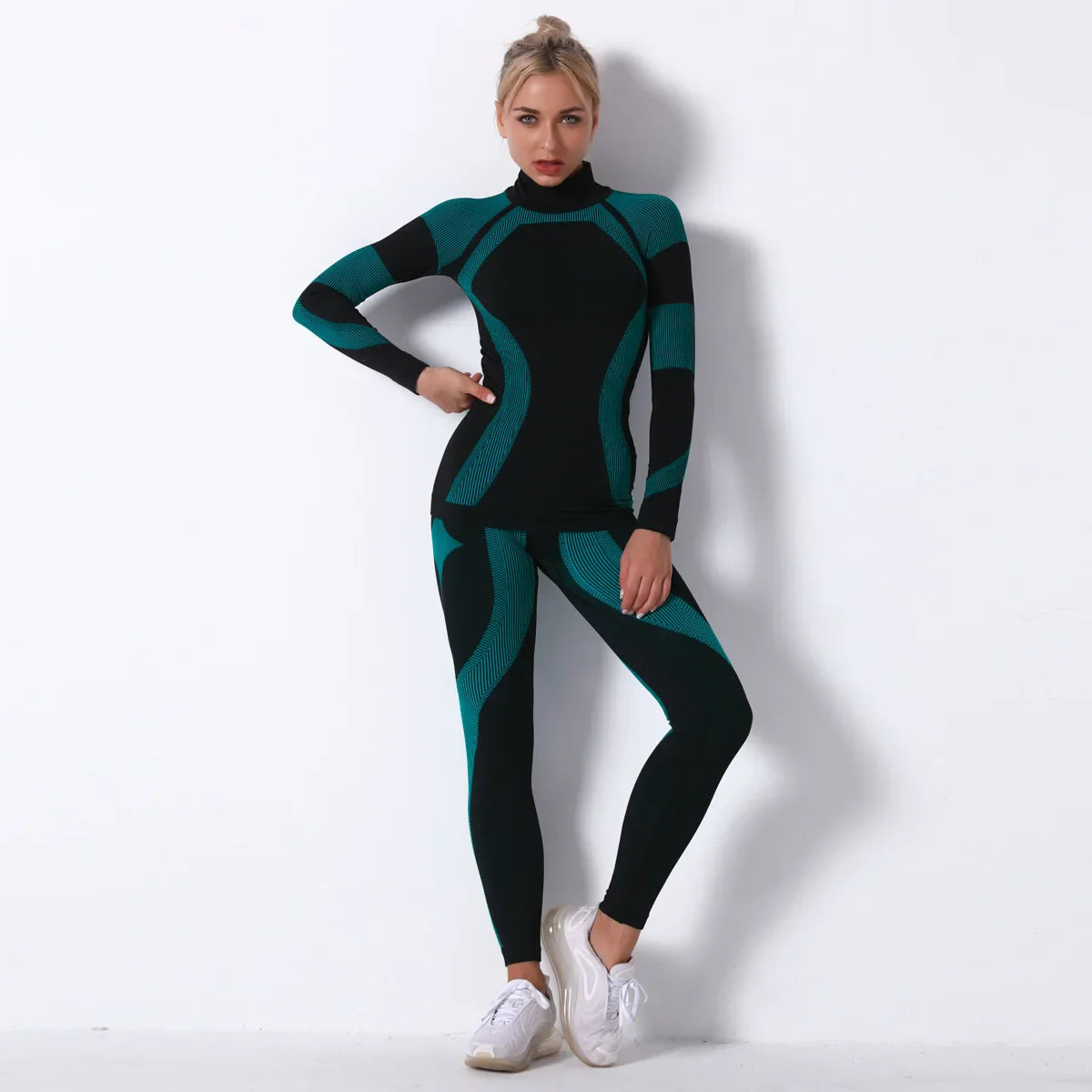 Breathable Yoga Workout Long Sleeve Shirt Leggings Set Gym Sports Fitness Striped Pants Suit For Women