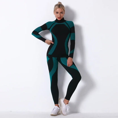 Breathable Yoga Workout Long Sleeve Shirt Leggings Set Gym Sports Fitness Striped Pants Suit For Women