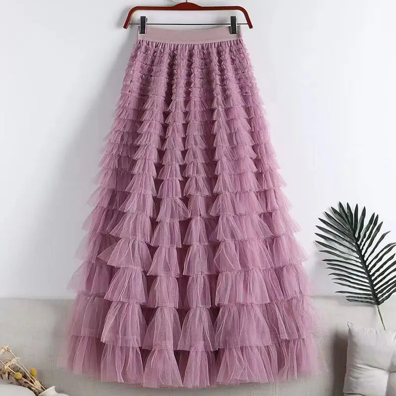 High-Waisted Mesh Layered Skirt for Women – Spring & Fall Elegant Cake Skirt