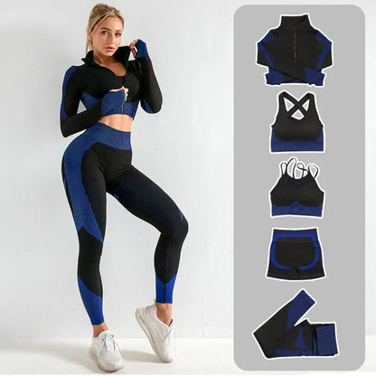 2/3/5 PCS Seamless Women Yoga Set Workout Sportswear Gym Clothing Fitness Long Sleeve Crop Top High Waist Leggings Sports Suits