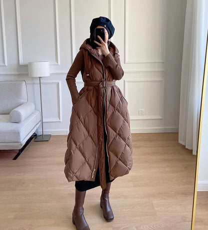 Luxury Women's Sleeveless down Vest Winter Warm Hooded Zipper Long Jacket with Belt Fashion Outerwear
