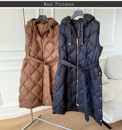 Luxury Women's Sleeveless down Vest Winter Warm Hooded Zipper Long Jacket with Belt Fashion Outerwear