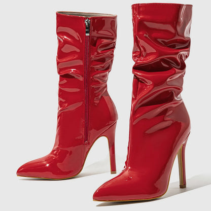 Women’s Patent Leather Stiletto Pointed Toe, Short Tube High Heel Knight Boots