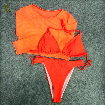 Three-Piece Plus Size Swimwear Set with Long-Sleeve Cover-Up