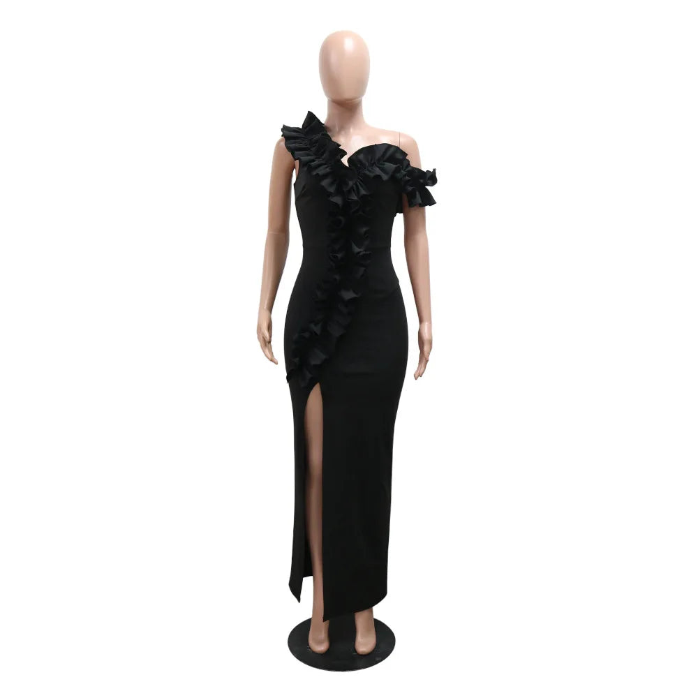 Women’s One-Shoulder Pleated Evening Dress – Sexy Elegant Sleeveless Solid Color Party Gown